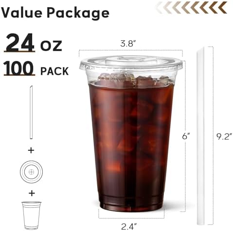 AOZITA 100 Pack - 24 oz Clear Plastic Cups with Lids and Straws, Food Safe Disposable Iced Coffee Cups for Cold Beverages, Smoothies, Iced Coffee, Leak-Proof, BPA-Free - Image 2
