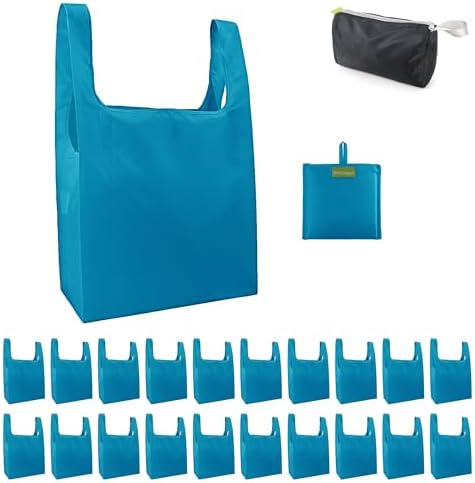 BeeGreen Light Blue Reusable Shopping Bags Wholesale Blue Reusable Grocery Bags Bulk Foldable-Machine Washable with Zipper Storage Pouch 20 Pieces by BeeGreen