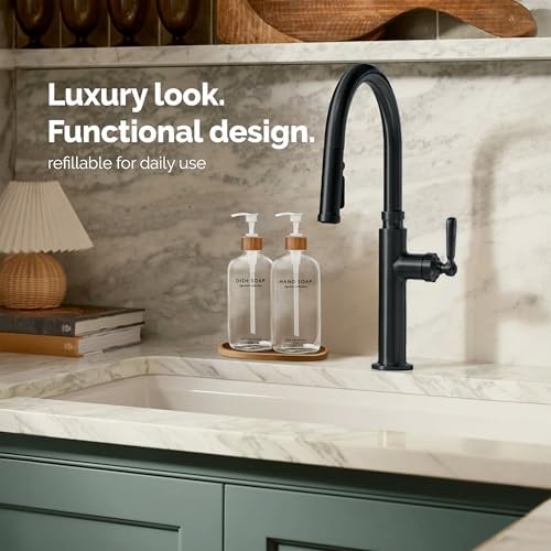 Vine Creations Clear Glass Soap Dispenser Set, Hand Soap and Dish Soap Dispenser Set with Bamboo Tray, 16 oz Glass Dispensers Bottle for Kitchen and Bathroom Decor Modern Boho with Bamboo Pump (Clear) - Image 3