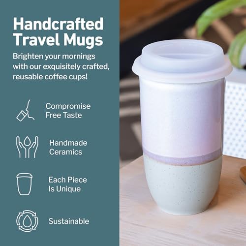 NOVA CERAMICS Coffee Travel Mug – Reusable To Go Mug – Microwave & Dishwasher Safe White & Purple Tumbler - Gifts For Women Men Him Her – 16oz – Horizon - Image 2