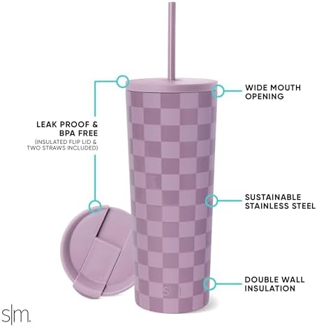 Simple Modern Insulated Tumbler with Lid and Straw | Iced Coffee Cup Reusable Stainless Steel Water Bottle Travel Mug | Gifts for Women Men Her Him | Classic Collection | 24oz | Lavender Checkmate - Image 2