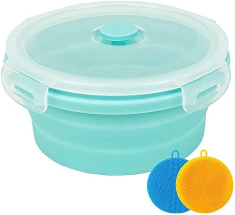 Collapsible Bowl Silicone Collapsible Container Food Storage Containers Collapsible Camping Bowl for Travel Camping Hiking with Airtight Plastic Lids and 2Pack Silicone Dish Sponges- Blue, 800ml by CARTINTS