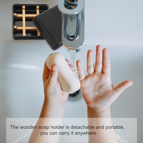 uxcell Wooden Soap Holder, Detachable Self Draining Square Soap Dishes with Lid, Wooden Bamboo Soap Bar Tray for Shower (Double Pack Right Angle Black) - Image 4