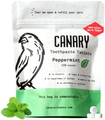 Canary Nano Hydroxyapatite Toothpaste Tablets Peppermint - Remineralizing, Fluoride Free, All Natural Tabs with Xylitol - Great for Travel, Plastic Free - 240 Count by Canary