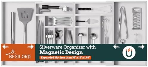 Magnetic Expandable Silverware Drawer Organizer, 13 Slots Utensil White by Besilord