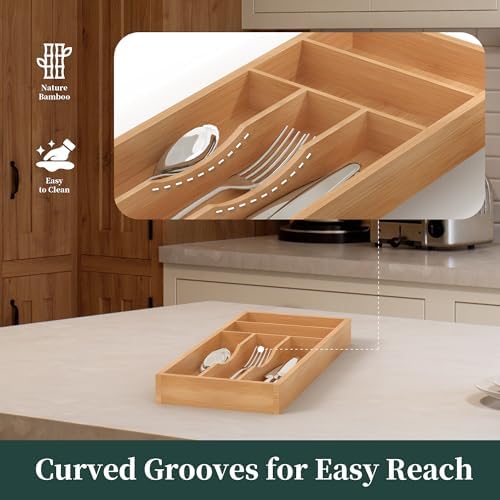 Silverware Organizer, Bamboo Kitchen Drawer Organizer, Utensil Holder, Cutlery Tray & Spoon Flatware Storage with Grooved Drawer Dividers (6.7''W x 15.5''D) - Image 4