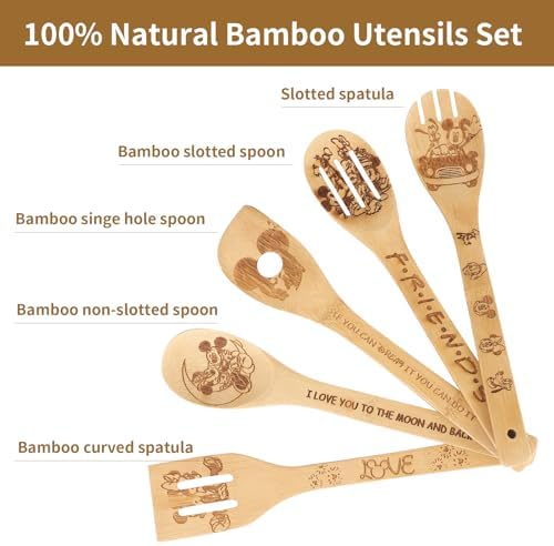 Wooden Spoon for Cooking- Cartoon Wooden Spoons Bamboo Utensils Set Kitchen Decoration- Birthday Gift Kitchen Accessory with Cute Apron Oven Mitt Potholder- Best Kitchen Gifts for Women Friends (Grey) - Image 2