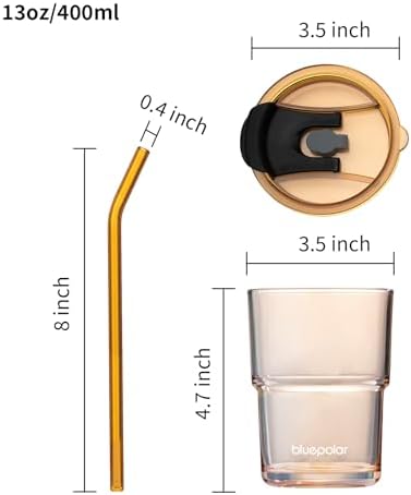 BLUEPOLAR 13oz/400ml Glass Water Tumbler with Straw and Lid Sealed Carry On Thick Wall Iced Coffee Cup Glass Cup for Water, Iced Tea Fruit Juice Etc (Amber-4Pack) - Image 5