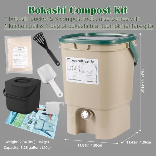 20L Bokashi Compost Bin, 5.28 Gallon Compost Bin for Kitchen Composter with Lid, Bokashi Start Kit with Bran (Tan & Dark Green) (20L/5.28GAL Tan & Dark Green) - Image 2