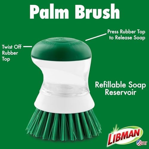 Libman Palm Brush with Soap Dispenser – Dish Brush for Pots, Pans & Kitchen Sink Cleaning – Ergonomic Grip, Non-Leaking Button, Durable Angled Bristles – Recycled PET Fibers – 4” x 3.25” - Image 5