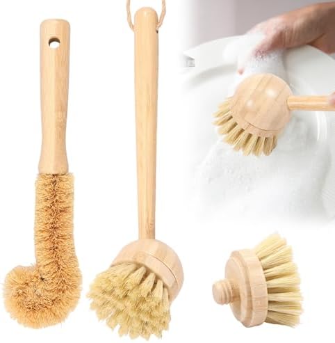 2 Pack Kitchen Dish Brushes, Dish Scrubber with Replacement Brush Head, Bamboo Dish Scrub Brush for Kitchen Cleaning Dishes, Pots, Pans, Bottles, Vegetables by Unknown