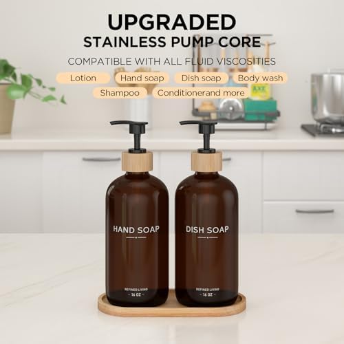 Hand and Dish Soap Dispenser Set,16oz Glass Bottles with Bamboo Pumps & Tray,Countertop Soap Dispensers for Kitchen,Luxury, Minimalist & Farmhouse Decor - Image 3