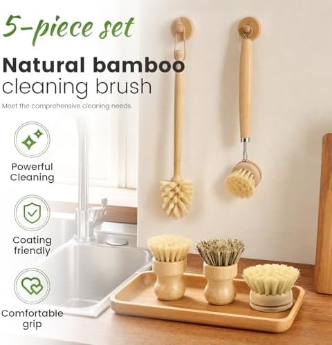 Bamboo Dish Brush Set, Natural Sisal Kitchen Scrubber for Plate Glass Bottle Frying Pan Reusable Wooden Washing up Brush with Replacement Head No Plastic 5 Pack - Image 4