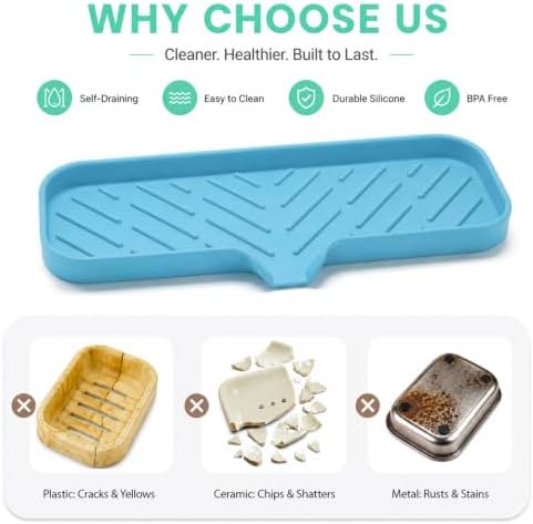 MicoYang Silicone Soap Dish with Drain Spout — Self-Draining Double Sink Organizer Tray for Kitchen & Bath, Dispensers, Sponges & Soap Holder, Non-Slip & Dishwasher Safe, Light Blue (Large, 12"×4") - Image 3