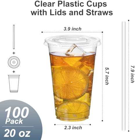 Dealusy 100 Pack - 20 oz Clear Plastic Cups with Lids and Straws - Image 2