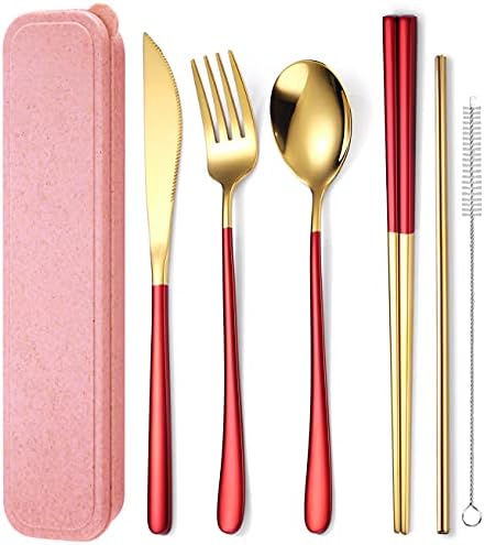 AARAINBOW 6 Pieces 18/8 Stainless Steel Flatware Set Portable Reusable Cutlery Set Travel Utensils Set Including Chopsticks Knife Fork Spoon Straws Cleaning Brush Dishwasher Safe (Red golden) by AARAINBOW