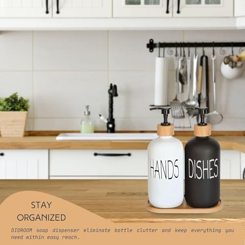 Glass Soap Dispenser Set, Hand Soap and Dish Soap Dispenser with Bamboo Tray. Vintage Soap Dispenser with Pump for Kitchen Drain Outlet and Bathroom. Stylish Permanent Labels (Matte Black&White) - Image 3
