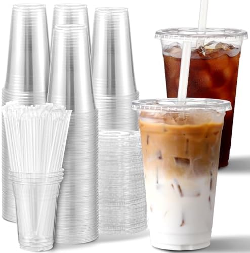AOZITA [100 Sets] 16 oz Clear Plastic Cups With Lids and Straws, Disposable Cups With Lids for Iced Coffee, Smoothie, Milkshake and Cold Drinks (New-16-100) by AOZITA