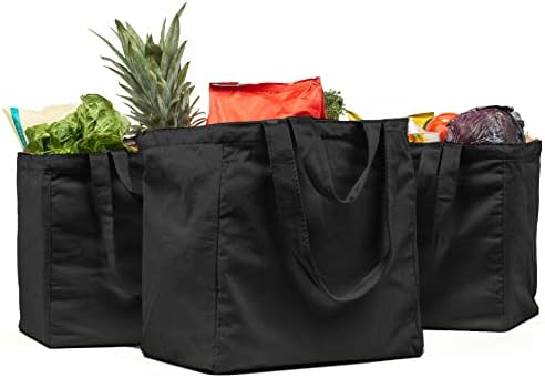 VeraMia Canvas Grocery Bag 3pc XL Set with Real Pockets, Long Shoulder Strap and Short Handle. Heavy Duty, Foldable, Washable by VeraMia