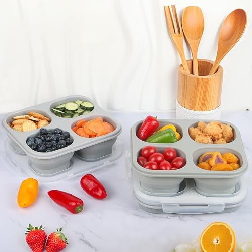Collapsible Silicone Food Storage Container, 4-Compartment Snack Containers Portion Control with Clip-on Lid, Stackable, Space Saving, Microwave/Fridge/Freezer/Dishwasher Safe (3) - Image 6