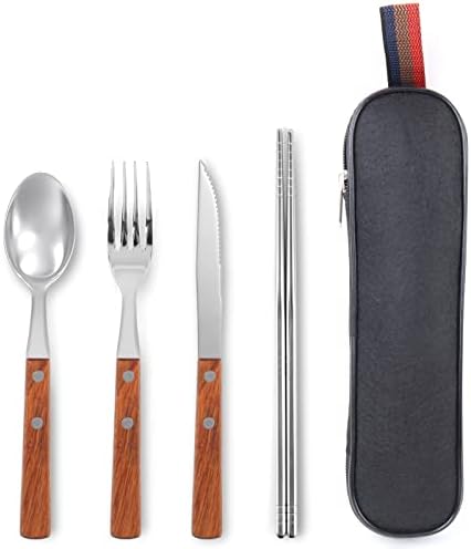 Travel Utensils with Case 4-Pack Wooden Handle Stainless Steel Reusable Travel Cutlery Set, Forks Spoons Knives Flatware Set for Camping, Picnic, Lunch Box for Men by Unknown