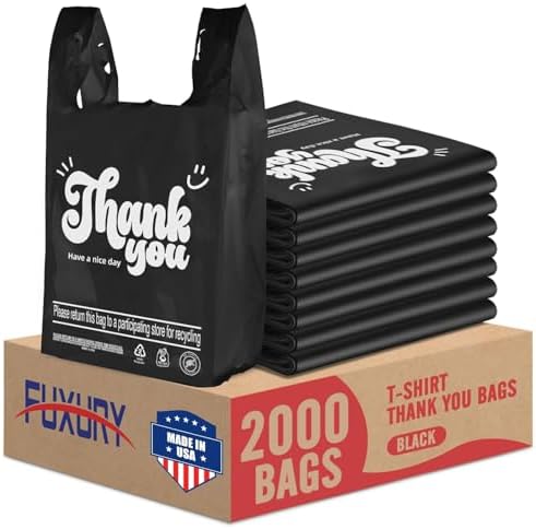 Fuxury 2000 Count (2K) Black Plastic Thank You T-shirt Bags (11.5" x 6.5" x 21"), Grocery, Take Out, To Go, Retail Shopping Bags for Small Business in Bulk by Fuxury