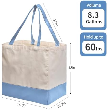 Reusable Grocery Bags Heavy Duty, 8.3 gal Foldable Large Canvas Tote Bag with Handles, Holds 60 lbs Canvas Shopping Bags, 3 Pack（Off White+Light Blue） - Image 4