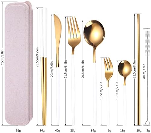 AARAINBOW 8 Pieces Stainless Steel Flatware Set Portable Reusable Cutlery Set Travel Utensils Set Including Chopsticks Knife Fork Spoon Straws Cleaning Brush Dishwasher Safe (White Golden) - Image 2