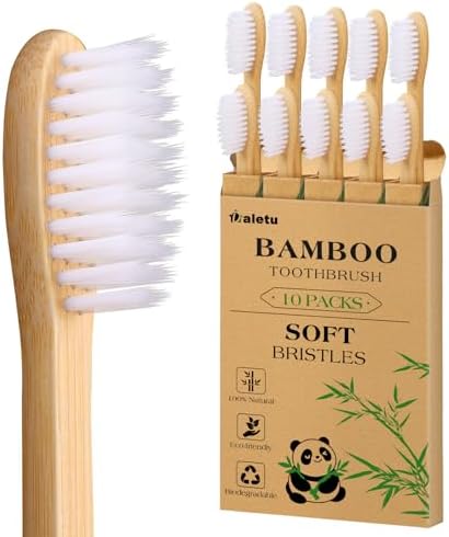 Daletu Bamboo Toothbrush Soft Bristle10-Pack, Biodegradable BPA Free Natural Toothbrush, Eco-Friendly, Wooden Organic Non-Plastic Travel Toothbrushes for Adults by Daletu