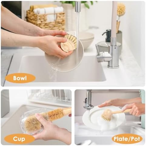 2 Pack Kitchen Dish Brushes, Dish Scrubber with Replacement Brush Head, Bamboo Dish Scrub Brush for Kitchen Cleaning Dishes, Pots, Pans, Bottles, Vegetables - Image 4