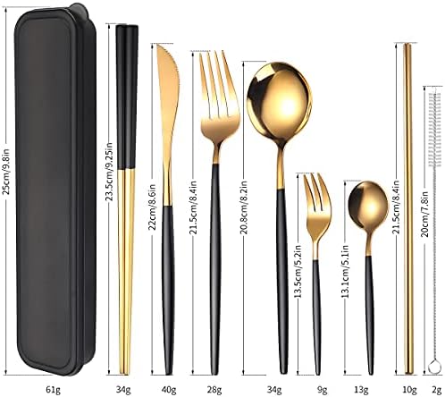AARAINBOW 8 Pieces Stainless Steel Flatware Set Portable Reusable Cutlery Set Travel Utensils Set Including Chopsticks Knife Fork Spoon Straws Cleaning Brush Dishwasher Safe (Black Golden) - Image 2