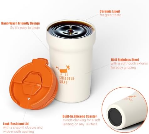 CHEERFUL GOAT Ceramic Coffee Mug, Leak Proof Travel Mug with Lid (White) - Image 3
