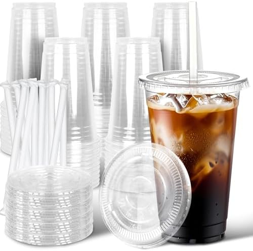 Ginkgo 50 Pack 20 oz Plastic Iced Coffee Cups with Lids and Straws by HOME