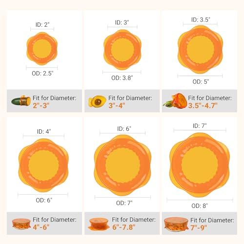 Silicone Stretch Lids for Food Storage in Fridge, Reusable Elastic Bowl Covers for Cup, Cans, Jars, Round & Rectangle Container, Food Grade Silicone Microwave Food Cover, Orange, 6PCS - Image 2