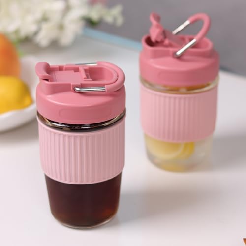 Sivaphe Reusable Glass Ice Hot Coffee Cup 12 oz, Portable Travel Mug with Spill-Proof Lid and Thermal Sleeve for Home Office Pink - Image 5