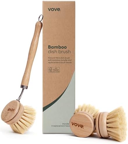 Vove Bamboo Dish Brush with 3 Replacement Heads, Natural Fiber Bristles by Vove