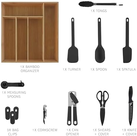 COOK WITH COLOR Bamboo Kitchen Utensil Set with Drawer Organizer | Cooking Tools and Storage Caddy, Black, 18 Piece Gadget Set - Image 2