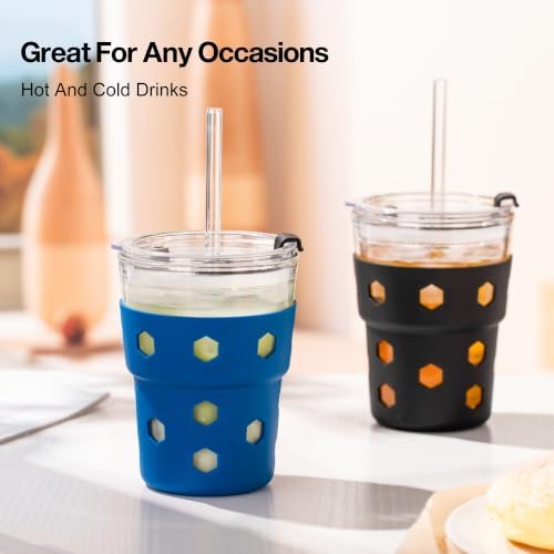 Mrsdry 12oz Iced Coffee Cup with Lids and Straws, BPA Free Reusable Glass Coffee Cups with Silicone Sleeves for Coffee, Iced tea, Thick Wall Glass Cup - Image 6