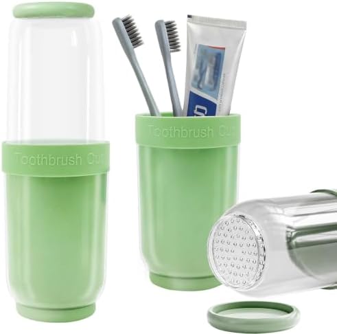 Breathable Toothbrush Travel Case, 2 in 1 Portable Travel Toothbrush Holder and Mouthwash Cup, Large Capacity Toothbrush Cup with Lid for School, Camping, Business Trip, Bathroom, Cruise (Green) by MYLDH
