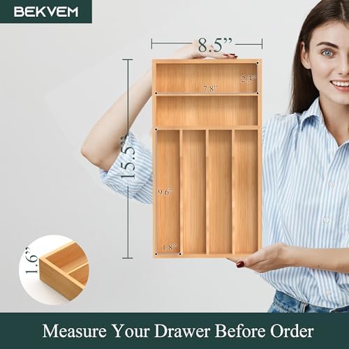 Silverware Organizer, Bamboo Kitchen Drawer Organizer, Utensil Holder, Cutlery Tray & Spoon Flatware Storage with Grooved Drawer Dividers (8.5''W x 15.5''D) - Image 2