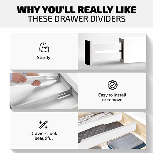 4-Pack Drawer Divider - 2.6" High, 16" to 22" Adjustable Bamboo Drawer Organizers for Clothes, Expandable Dresser Separators in Bedroom/Bathroom/Kitchen/Office Organization and Storage (White) - Image 5