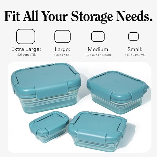 Stojo Nestable Collapsible Food Storage Container -Set of 4, Eucalyptus- Leak-Proof Airtight Seal Made With Food Grade Silicone For Meal Prep, Lunch Box, Pantry Organizer - Microwave & Dishwasher Safe - Image 4