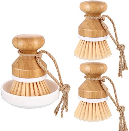 Boao 3 Pieces Bamboo Dish Scrub Brush and 1 Holder Natural Wooden Kitchen Cleaning Scrubbers Durable Bamboo Palm Household Pot Scrubber Brush for Dishes Pots Pans Kitchen Sink Cleaning by Boao