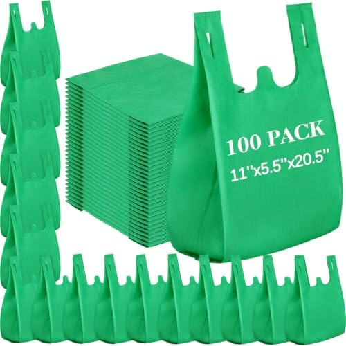 Windyun Large Grocery T-shirt Bags Bulk Reusable Non Woven Shopping Bag Foldable Gift Tote with Handle, 20.5x11x5.5 Inch by Windyun