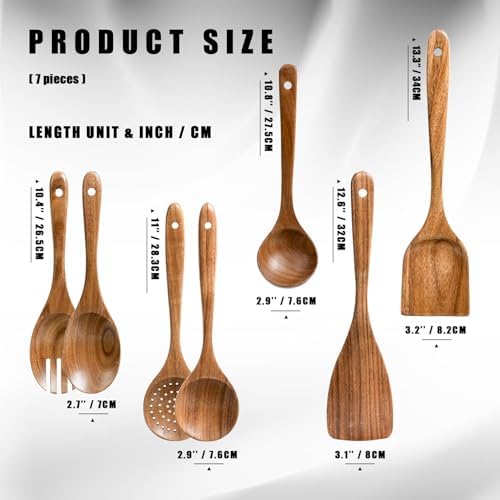 HSM Wooden Spoons for Cooking, 7-Piece Acacia Wood Kitchen Utensil Set - Image 2
