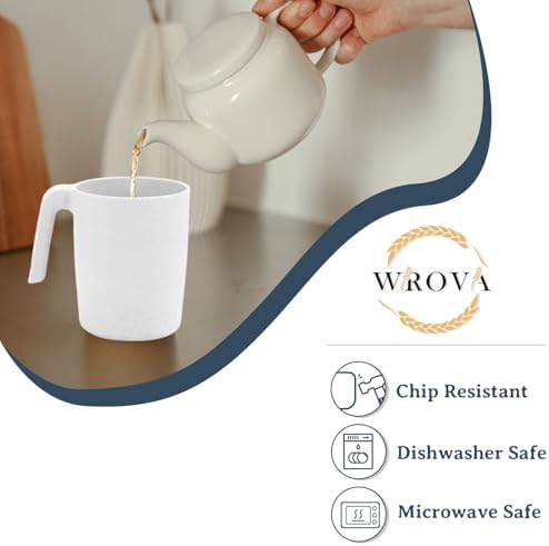 Wrova Wheat Straw Cups with Handles 16oz -Plastic Cups Reusable Set of 6-Unbreakable Coffee Mugs- Microwave & Dishwasher Safe Mug-Ideal Plastic Mugs for Tea,Coffee,Camping,RV-White - Image 3