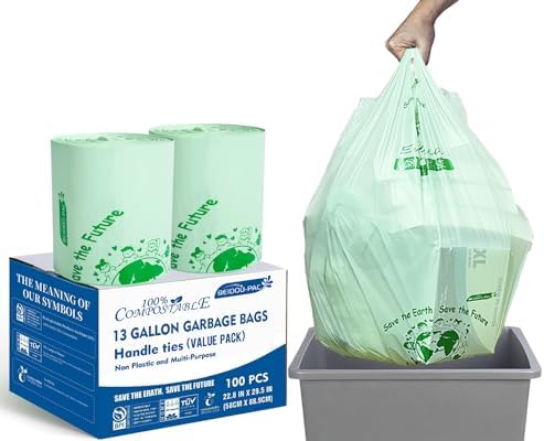 BEIDOU-PAC Compostable 13 Gallon Trash Bags, Tall Kitchen Garbage Bags with Handle, Sturdy Compost Bags, 100 Count, US BPI Certified by BEIDOU-PAC