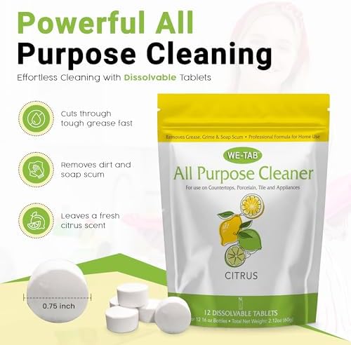 All Purpose Cleaner Concentrate Refill, Multi Surface Clean Refill, Non-toxic Cleaning Tablets 12-pack. Makes 192 fl oz (12x16Fl oz) Bottles of Spray Cleaner for Household, Bathroom & Kitchen Cleaning - Image 3
