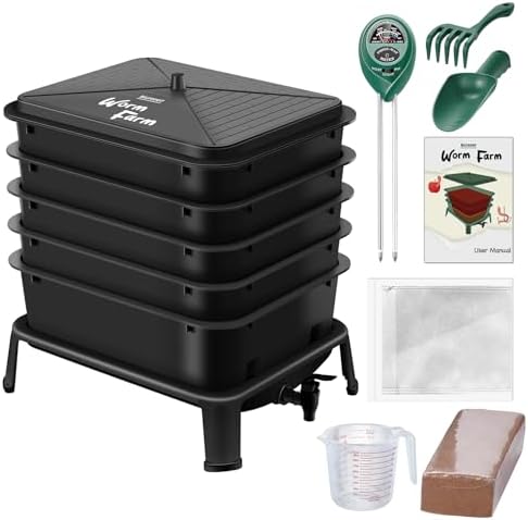 Blütezeit 5-Tray Worm Composter, 53QT Worm Compost Bin Indoor & Outdoor, Worm Farm Kit for Vermicomposting Starter, Recycling Food Waste (Black) by Bl%C3%BCtezeitGateSystems