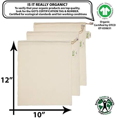 Simple Ecology Reusable Grocery Produce Shopping and Storage Bags, Organic Cotton Muslin, Medium 3 pack - Image 3